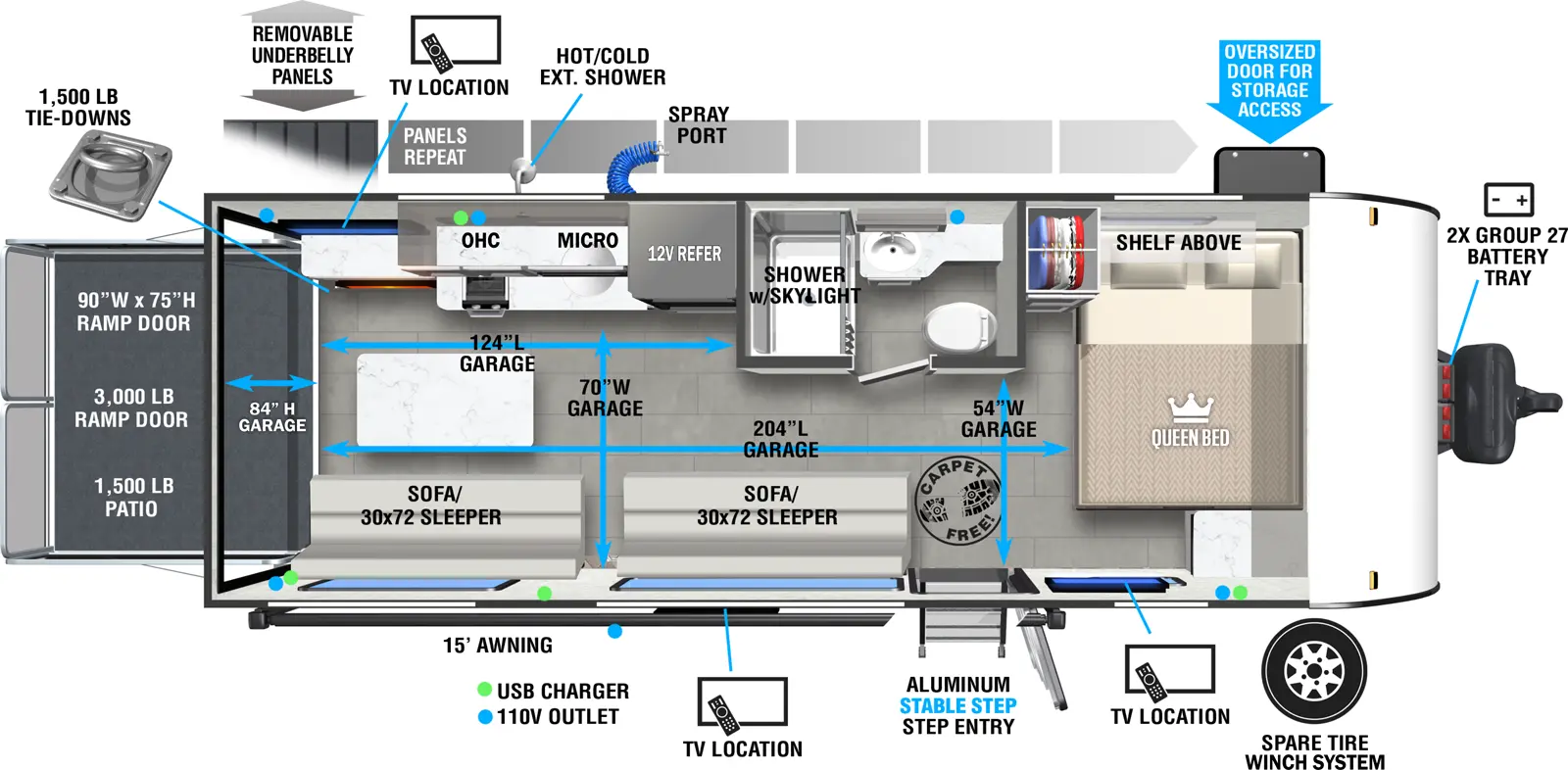 The Salem FSX 190RTK floorplan is a toy hauler that has one entry and zero slide outs. Exterior features include: fiberglass exterior and 15' awning. Interiors features include: front bedroom.